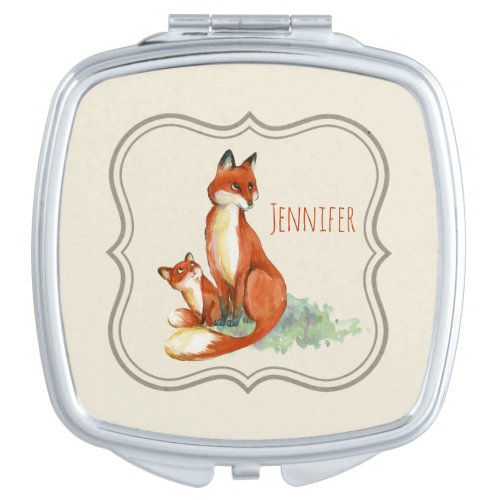Momma Fox and Baby Watercolor Illustration Custom Compact Mirror