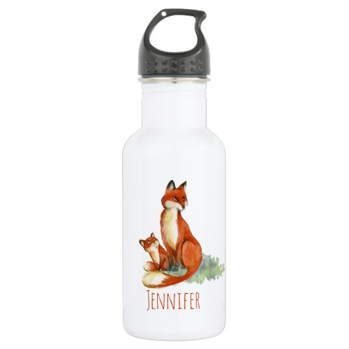 Momma Fox and Baby Watercolor Illustration Custom Stainless Steel Water Bottle