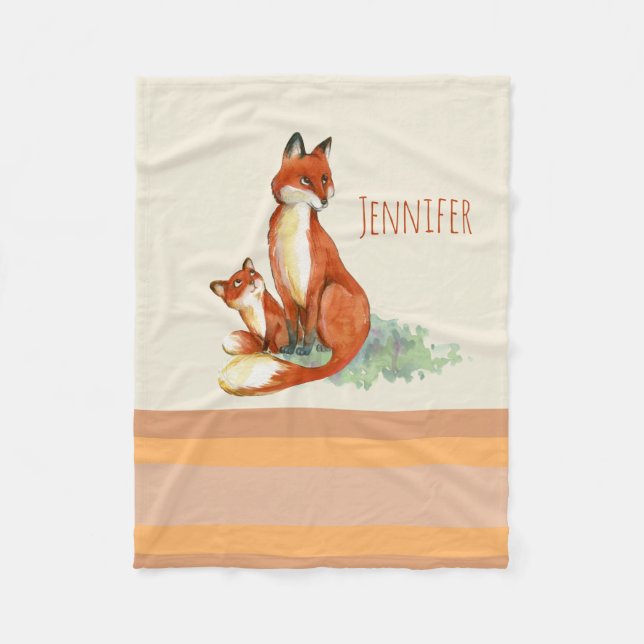 Momma Fox and Baby Watercolor Illustration Fleece Blanket (Front)