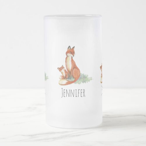 Momma Fox and Baby Watercolor Illustration Frosted Glass Beer Mug