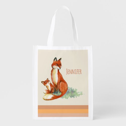 Momma Fox and Baby Watercolor Illustration Grocery Bag