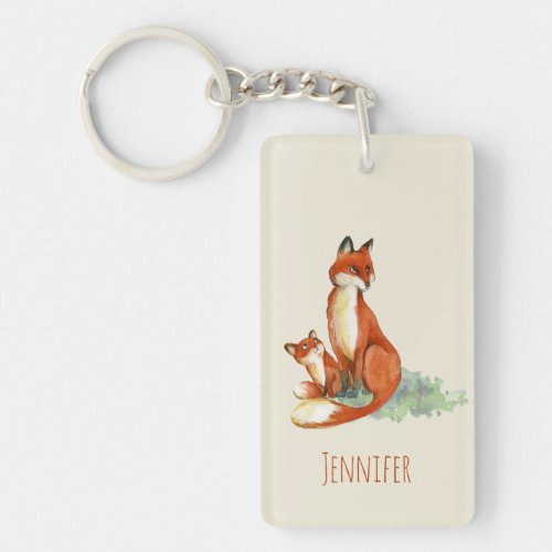 Momma Fox and Baby Watercolor Illustration Keychain