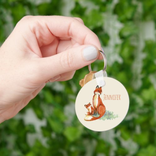 Momma Fox and Baby Watercolor Illustration Keychain