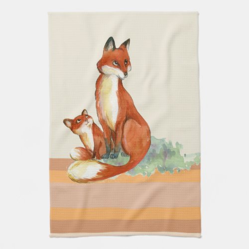 Momma Fox and Baby Watercolor Illustration Kitchen Towel