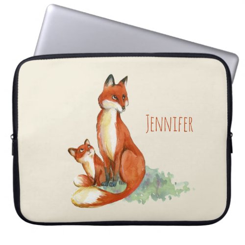 Momma Fox and Baby Watercolor Illustration Laptop Sleeve