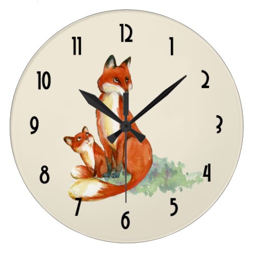 Momma Fox and Baby Watercolor Illustration Large Clock
