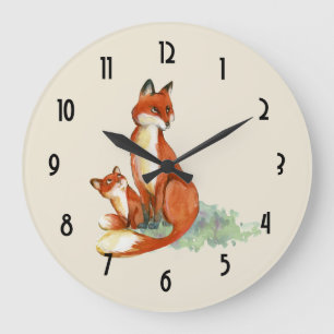 Momma Fox and Baby Watercolor Illustration Large Clock