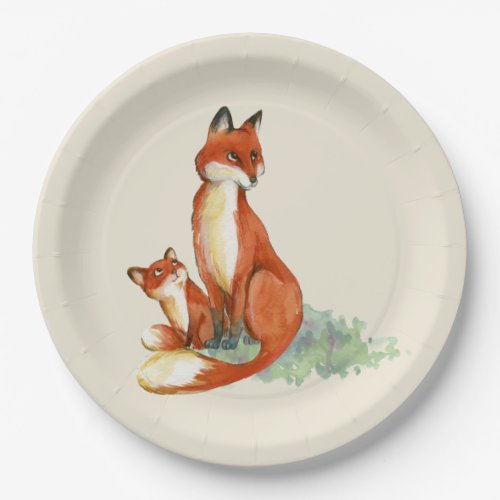 Momma Fox and Baby Watercolor Illustration Paper Plates