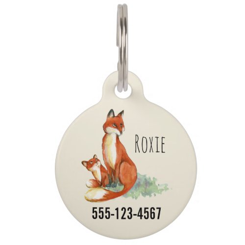 Momma Fox and Baby Watercolor Illustration Pet ID Tag