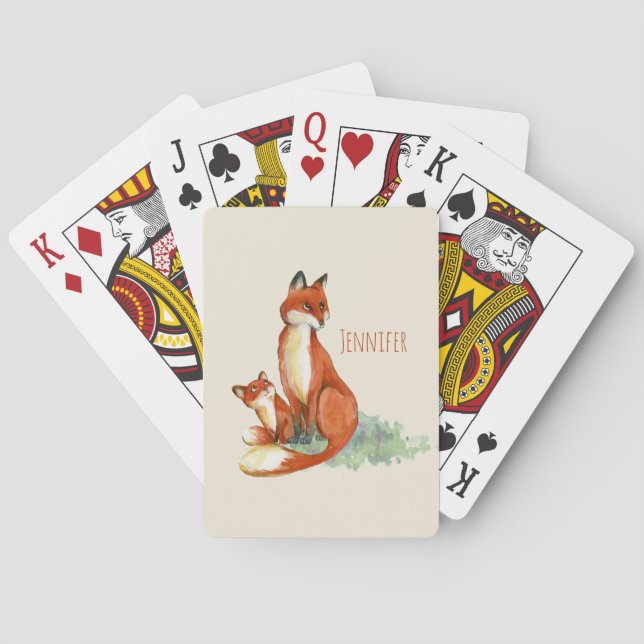 Momma Fox and Baby Watercolor Illustration Poker Cards (Back)