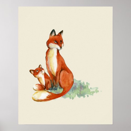 Momma Fox and Baby Watercolor Illustration Poster