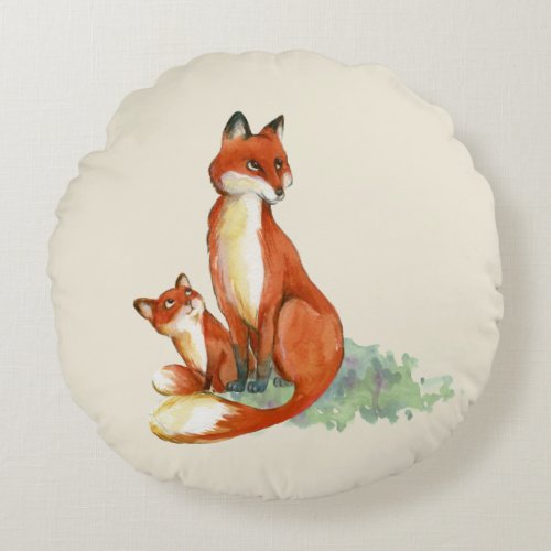 Momma Fox and Baby Watercolor Illustration Round Pillow