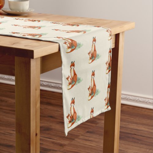 Momma Fox and Baby Watercolor Illustration Short Table Runner