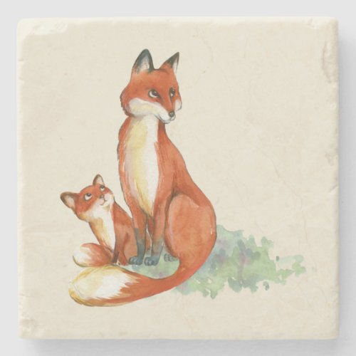 Momma Fox and Baby Watercolor Illustration Stone Coaster
