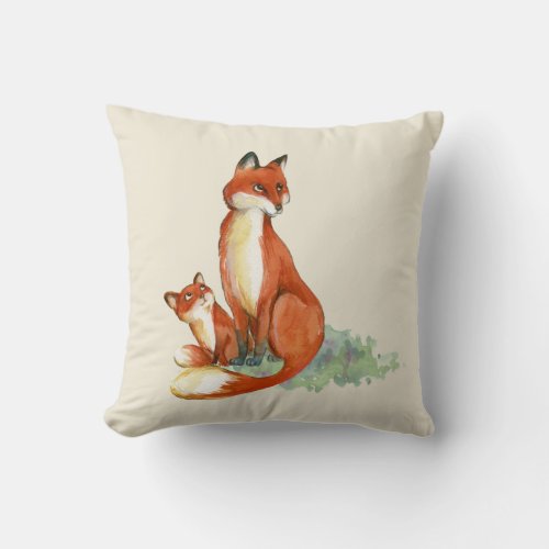 Momma Fox and Baby Watercolor Illustration Throw Pillow