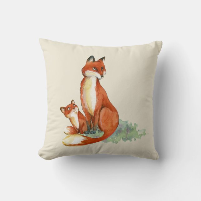 Momma Fox and Baby Watercolor Illustration Throw Pillow (Front)