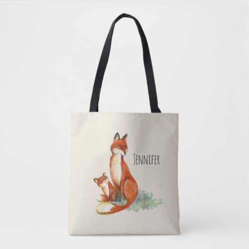 Momma Fox and Baby Watercolor Illustration Tote Bag