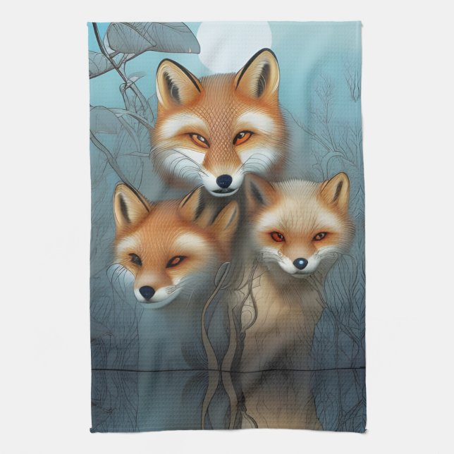 Momma fox and two babies kitchen towel (Vertical)