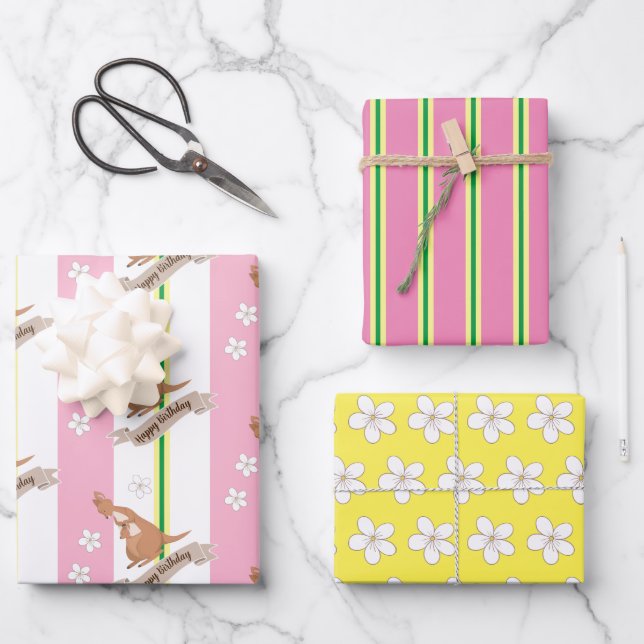 Momma Kangaroo, Stripes And Flowers Wrapping Paper Sheets (Front)