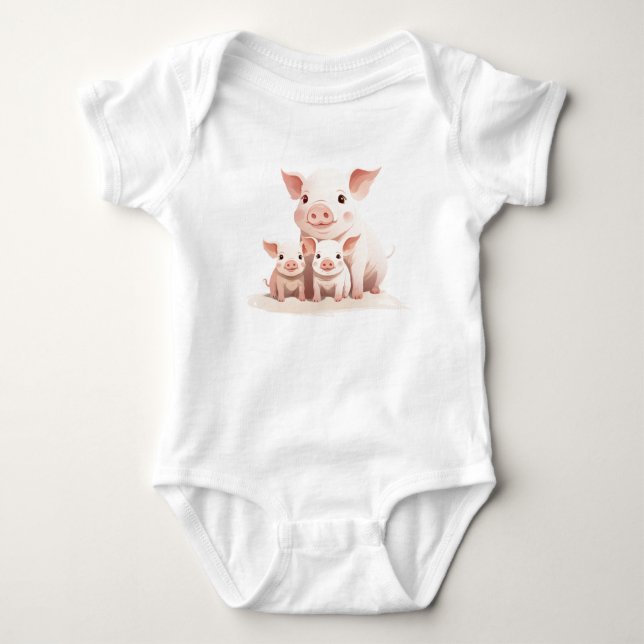 Momma Pig and Baby Piglets, Cute Farm Animals  Baby Bodysuit (Front)