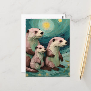 Momma Poppa and Baby Otter in the Ocean Postcard