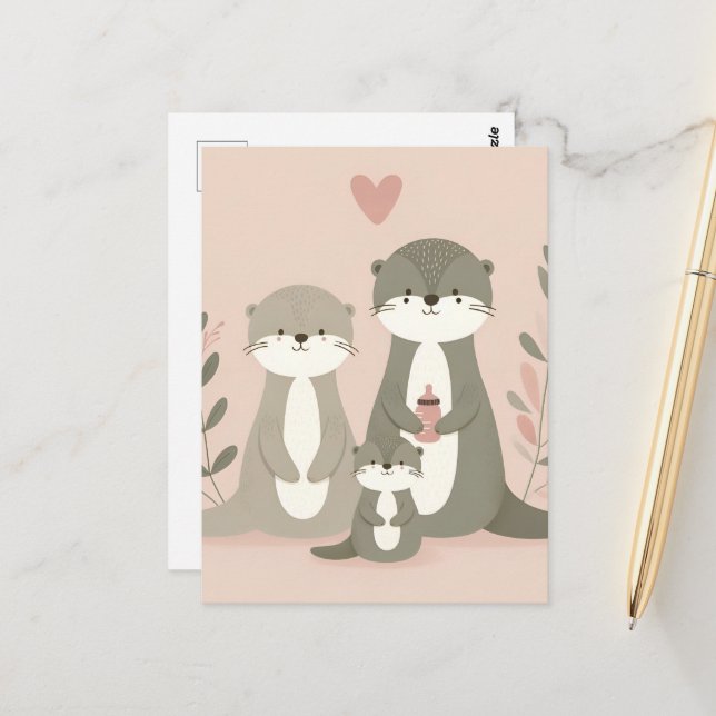 Momma Poppa and Baby Otter Postcard (Front/Back In Situ)