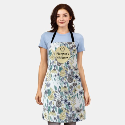 Mommas Kitchen Gray Yellow Floral Watercolor Apron