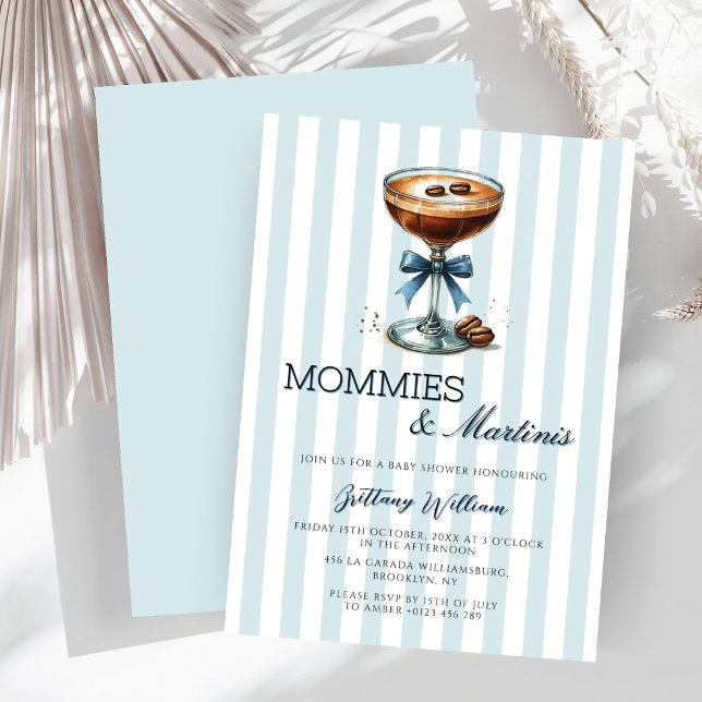 Mommies and Martinis Blue Bow Boy Baby Shower Invitation (Creator Uploaded)
