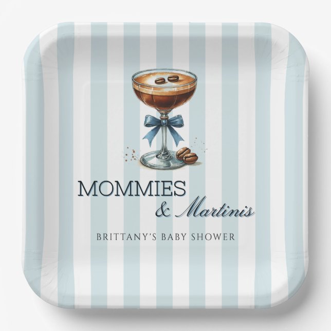 Mommies and Martinis Blue Bow Boy Baby Shower Paper Plates (Front)