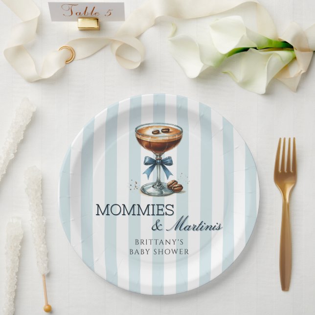 Mommies and Martinis Blue Bow Boy Baby Shower Paper Plates (Wedding)