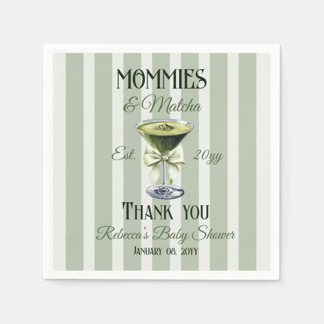 Mommies and Matcha Olive Green Bow Baby Shower Napkins (Front)