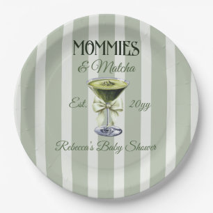Mommies and Matcha Olive Green Bow Baby Shower Paper Plates