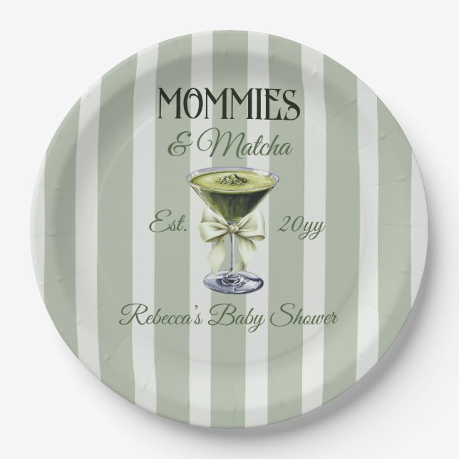 Mommies and Matcha Olive Green Bow Baby Shower Paper Plates (Front)