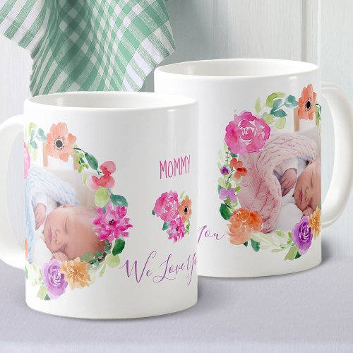 Mommy 2 Photo in Watercolor Floral Wreath Coffee Mug