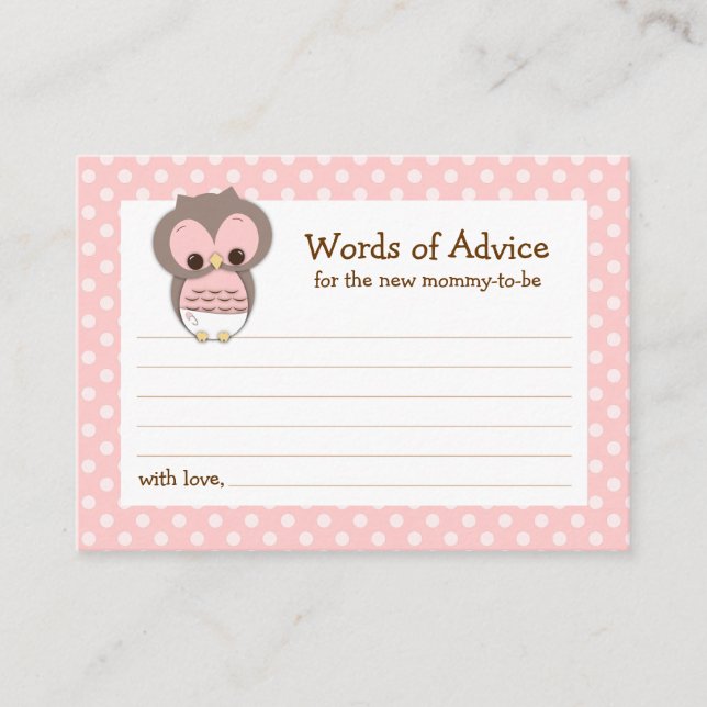 Mommy Advice Card Owl Baby Shower | Pink (Front)