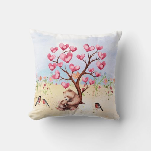 Mommy and Baby Bear Valentines Tree  Throw Pillow