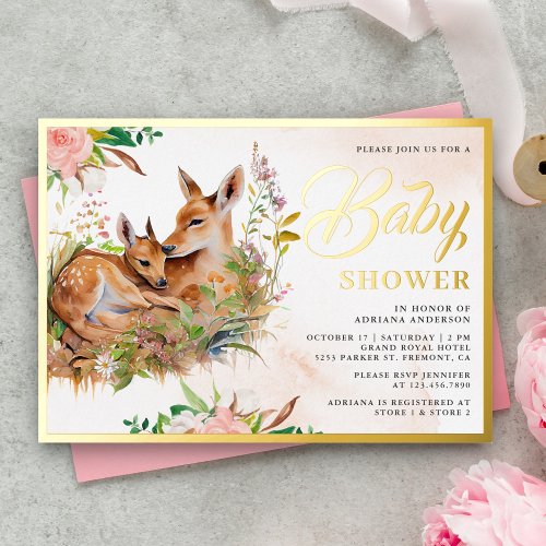 Mommy and Baby Deer Floral Baby Shower Gold Foil Invitation