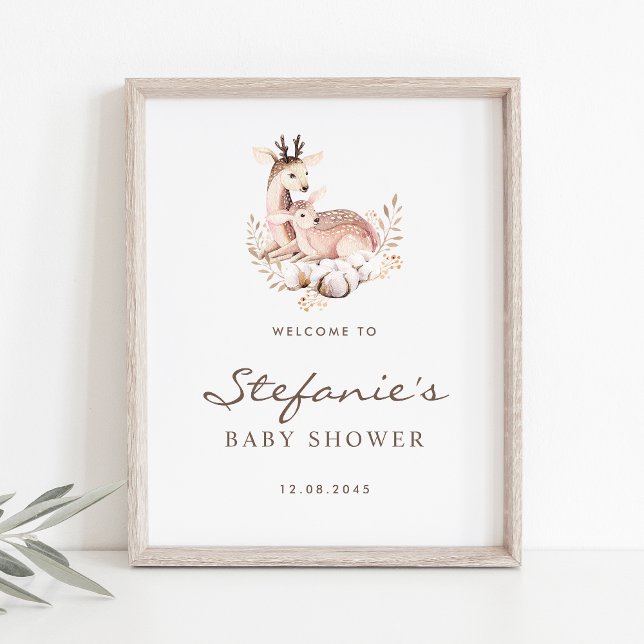 Mommy and Baby Deer Woodland Baby Shower Welcome Poster (Woodland theme baby shower welcome sign featuring watercolor mommy and baby deer. )