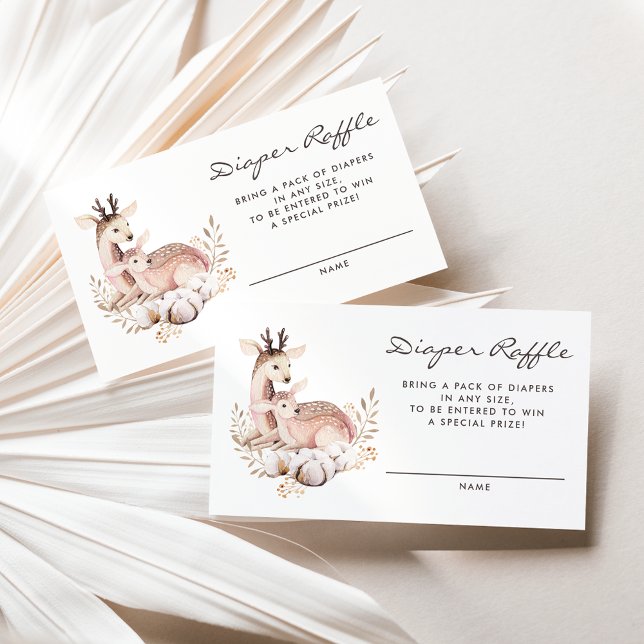 Mommy and Baby Deer Woodland Diaper Raffle Card (Woodland theme diaper raffle card featuring watercolor mommy and baby deer and boho wreath.)