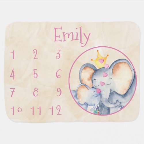 Mommy and Baby Elephant Milestone Girl Baby Blanket