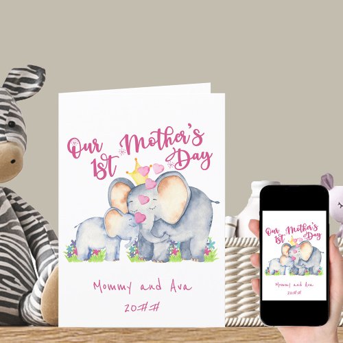 Mommy and Baby Elephant Pink 1st Mothers Day Card