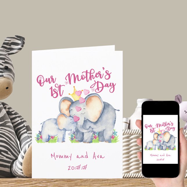Mommy and Baby Elephant Pink 1st Mothers Day Card (Creator Uploaded)