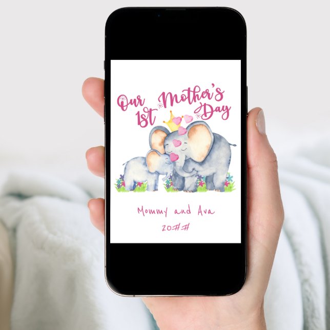 Mommy and Baby Elephant Pink 1st Mothers Day Card (Front Digital)