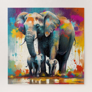 Mommy And Baby Elephants Color Splash, Jigsaw Puzzle