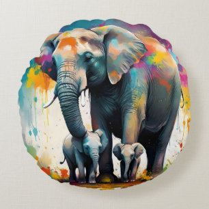 Mommy And Baby Elephants Color Splash, Round Pillow