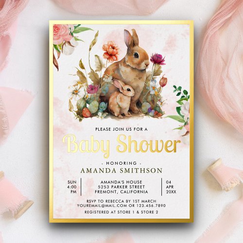 Mommy and Baby Floral Bunny Baby Shower Gold Foil Foil Invitation