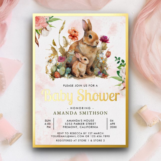 Mommy and Baby Floral Bunny Baby Shower Gold Foil Foil Invitation (Creator Uploaded)