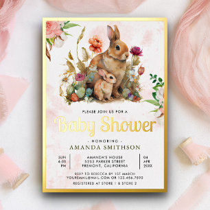 Mommy and Baby Floral Bunny Baby Shower Gold Foil Invitation