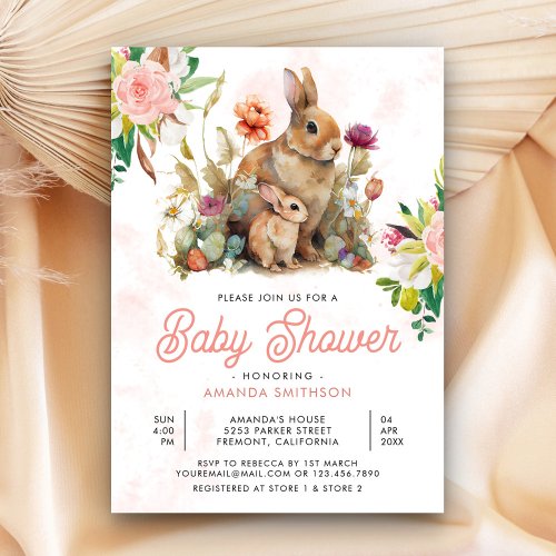 Mommy and Baby Floral Bunny Baby Shower Invitation