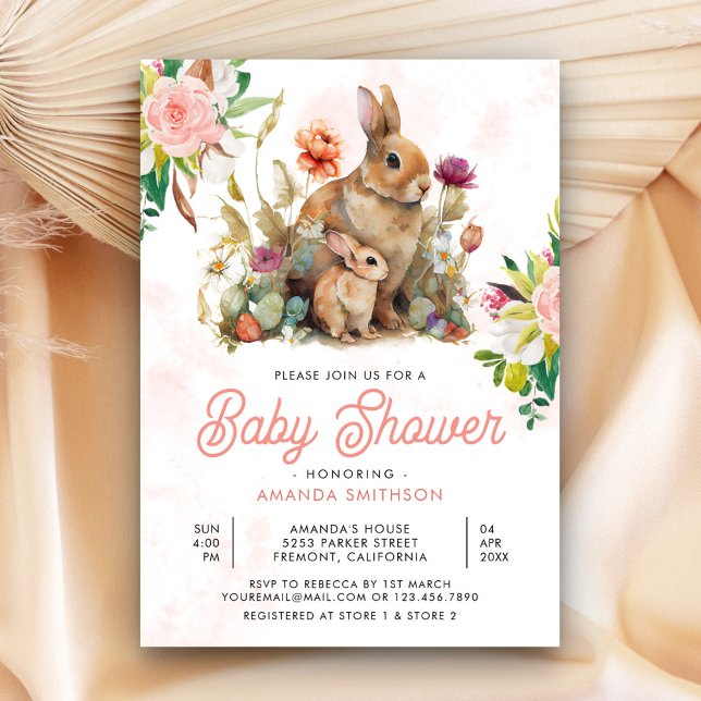 Mommy and Baby Floral Bunny Baby Shower Invitation (Creator Uploaded)